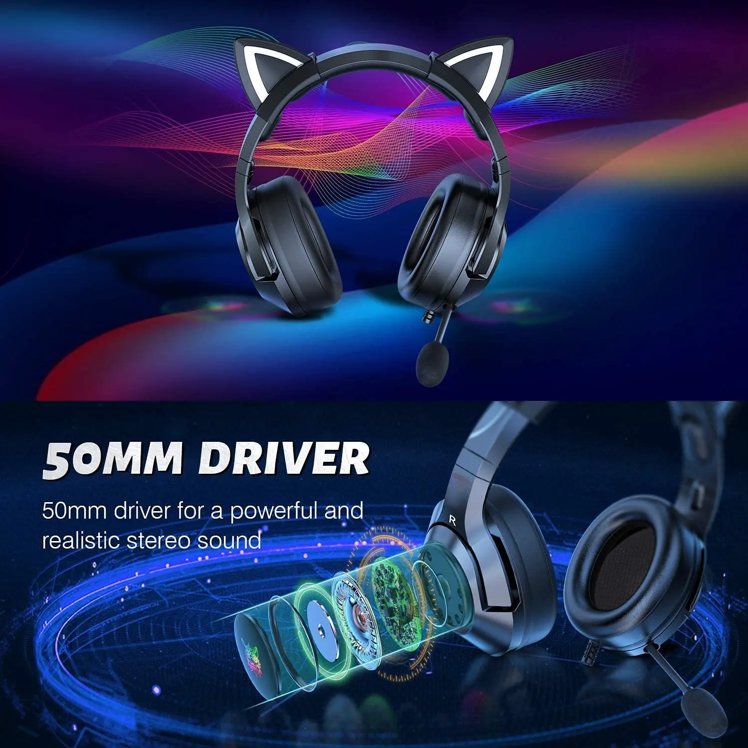 

Gaming Headset with Removable Cat Ears Compatible with PC PS4 PS5 Xbox One Mobile Phones with Surround Sound RGB Backlight