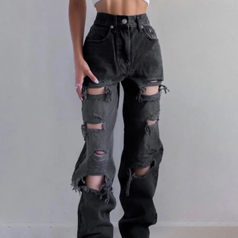 

Women's Jeans/Pants High Waist Ripped Denim Pants Distressed Straight Trousers Button Closure Jeans for Daily Wear