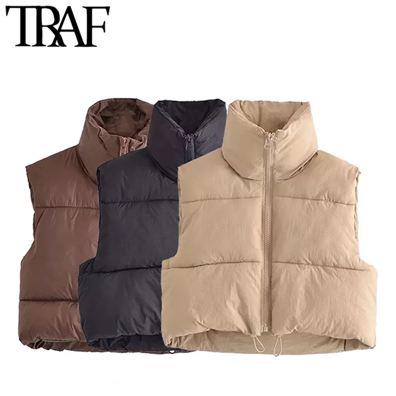 

TRAF Women Fashion Adjustable Hem Zip-up Crop Padded Waistcoat Vintage High Neck Sleeveless Female Outerwear Chic Vest Tops