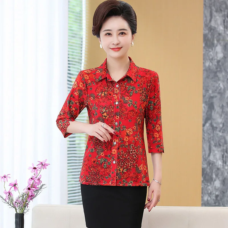 

Red Chinese Style Shirt, Summer Cropped Ice Silk Cotton Floral Shirt, French Fashion Silk Women's Seven-quarter Sleeve Thin Top
