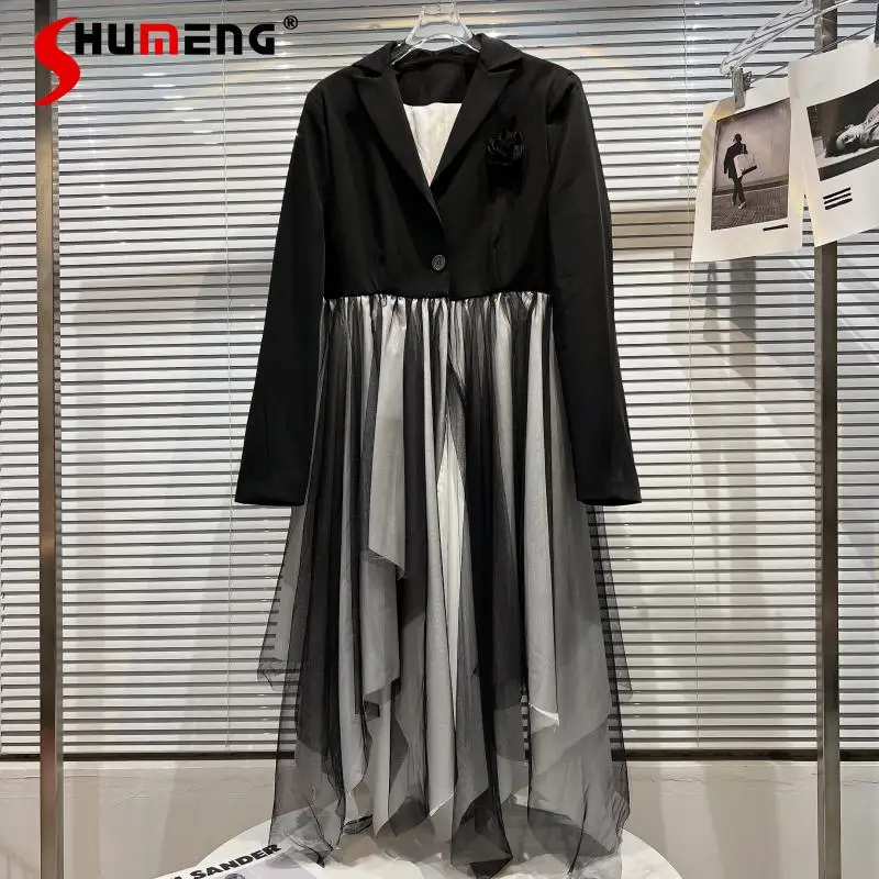 

Elegant Long Sleeve Mid-length Dress Spring 2022 New Mesh Multi-Layer Stitching Design Temperament Black Suit Coat Dress