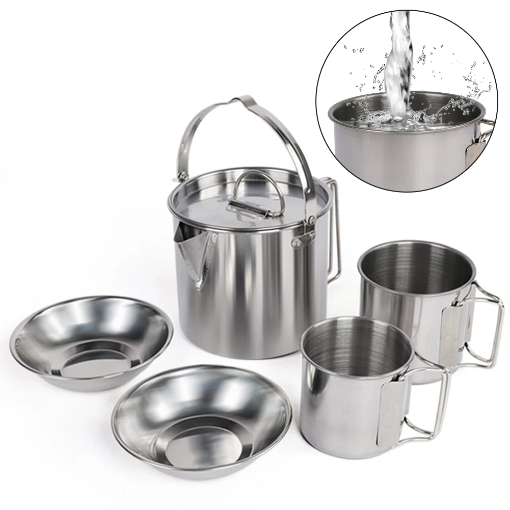 

5PCS Stainless Steel Hanging Pot Set With Bowl Cup Folding Cookware Camping Supplies Travel Burner Stove Gas Strong Fire