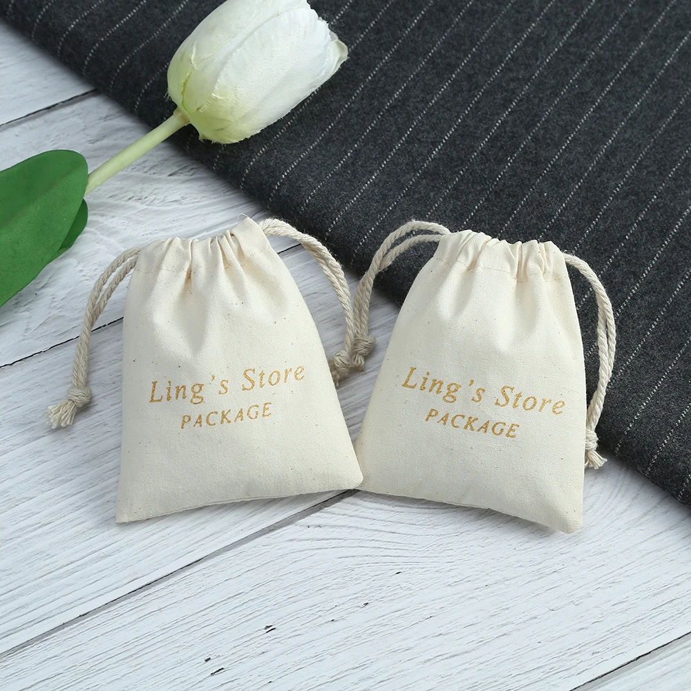 100pcs Customize Logo Print Pouches Storage Packaging Drawstring Nature Cotton Jute Ring Earings Gift Bags Organizer for Jewelry
