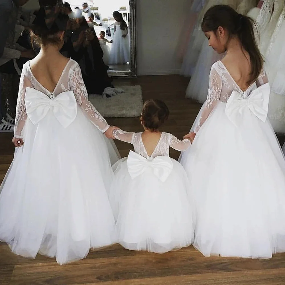 

White Girls Bridesmaid Lace Dresses for Wedding Flower Elegant Birthday Princess Party Formal Gowns Big Bow Teenage Long Dress