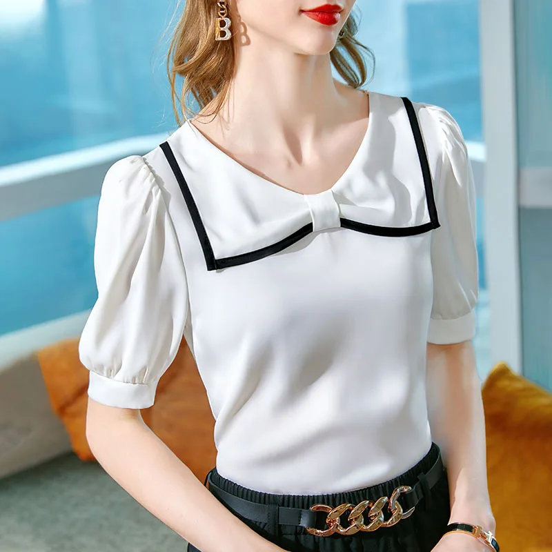 

Short-sleeved Chiffon Shirt Women's Summer New Western Style Silky Satin Contrast Color Age-reducing Doll Collar Top Plus Size