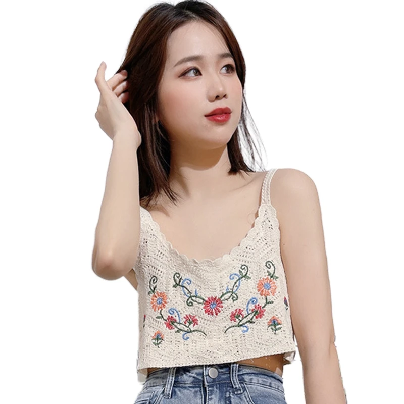 

Women Sleeveless Crochet Knit Crop Top Sweet Colorful Floral Vines Embroidery Camisole Spaghetti Strap Slim Mini Vest