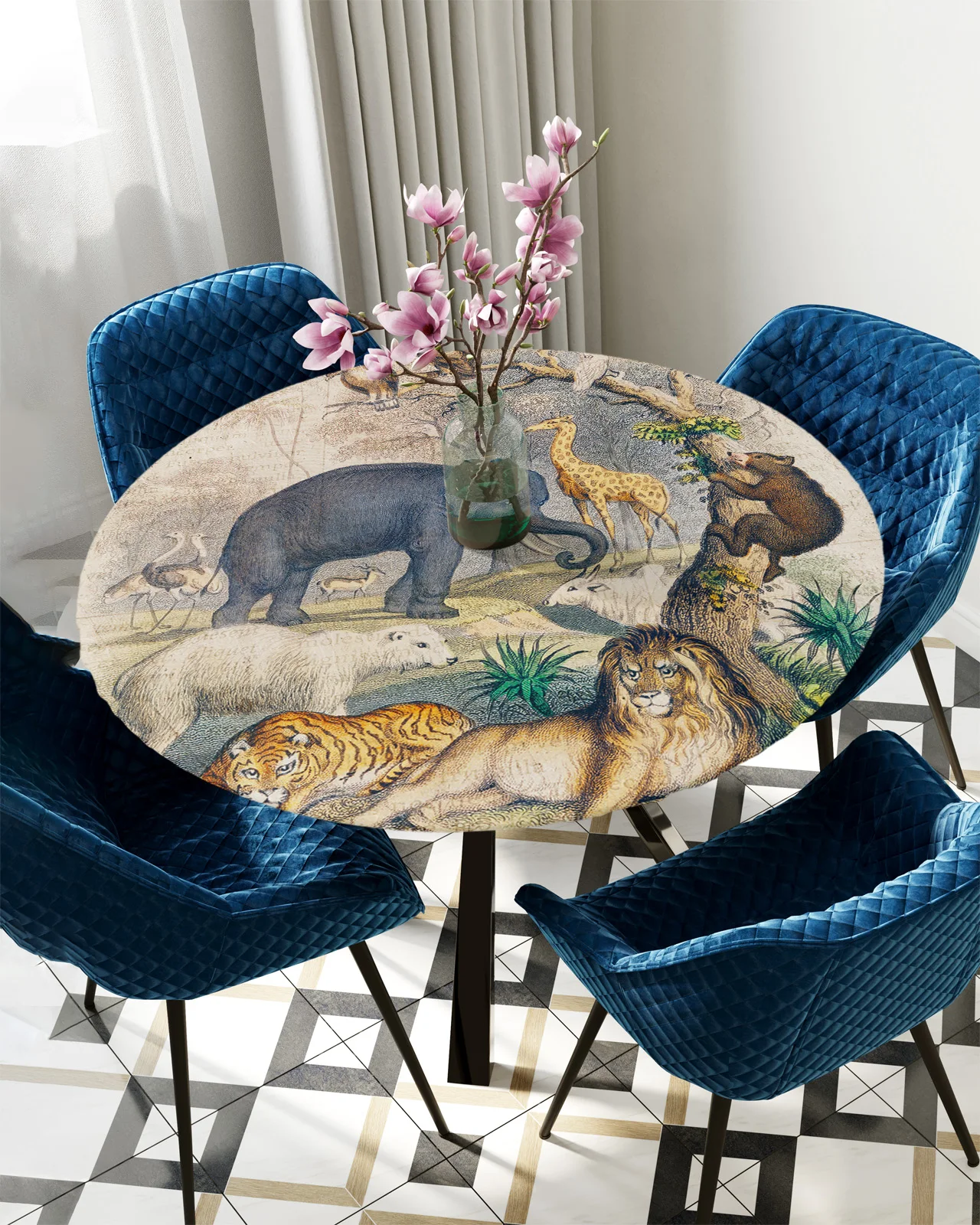 

Wild Animal Vintage Elephant Lion Tiger Forest Round Rectangle Waterproof Elastic Tablecloth Home Kitchen Table Cloth Cover