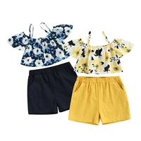 toddler kids baby girls summer cotton 2pcs casual sets short sleeve floral sling off shoulder tops solid color pocket shorts