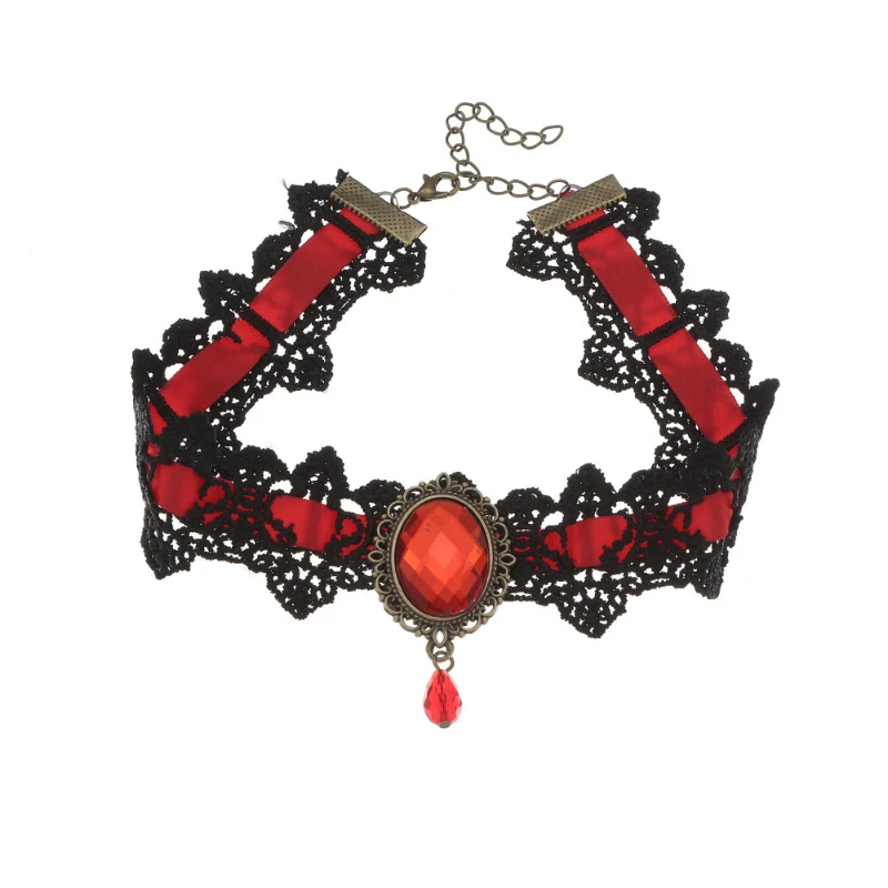 Fashion Water Drop Pendant Gothic Punk Style Lace Choker Necklace Red Rhinestone Charm Necklace Vintage Party Accessories