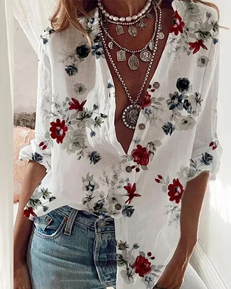 

Женская свободная рубашка на пуговицах, рубашка с длинным рукавом и цветочным принтом, V-образным вырезом, весна-лето 2022