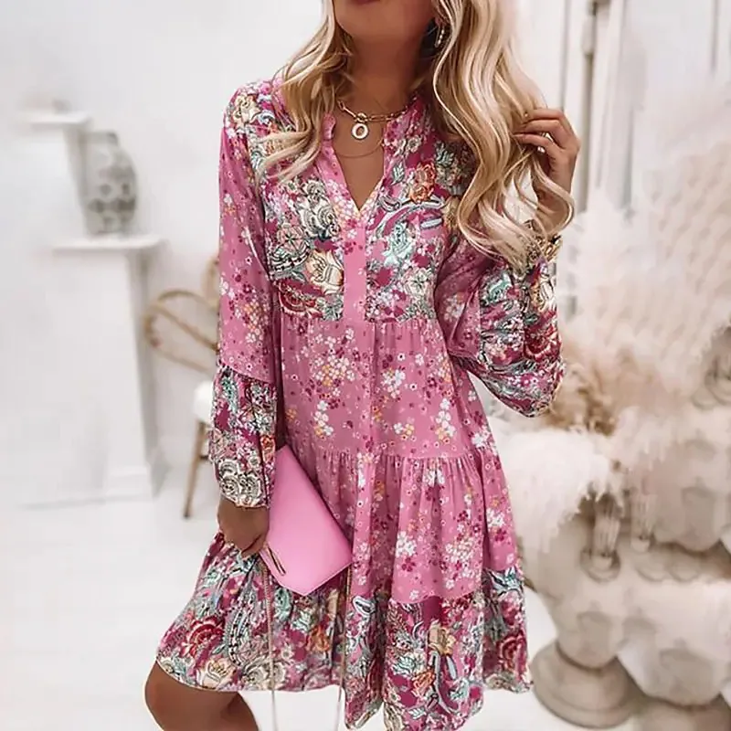 

Spring/Summer New Women's Flower Digital Printing Spliced Short Dress V-neck Pullover Pagoda Sleeve Loose Fit Mid Length Skirt