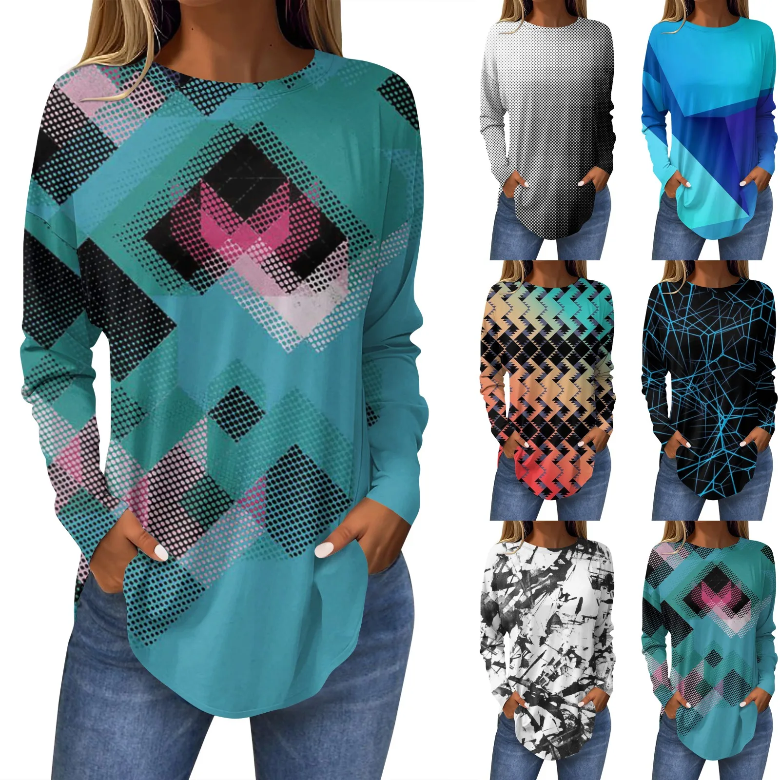 Женский топ с длинным рукавом круглым вырезом и принтом