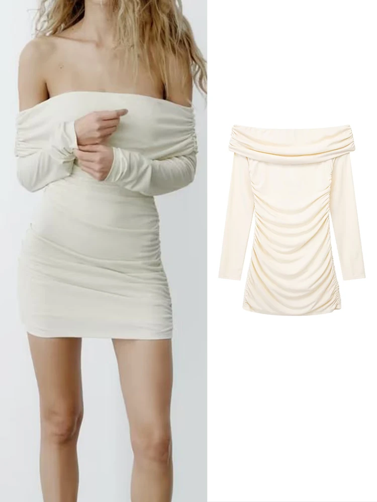 

Женское однотонное платье с открытыми плечами и длинным рукавом