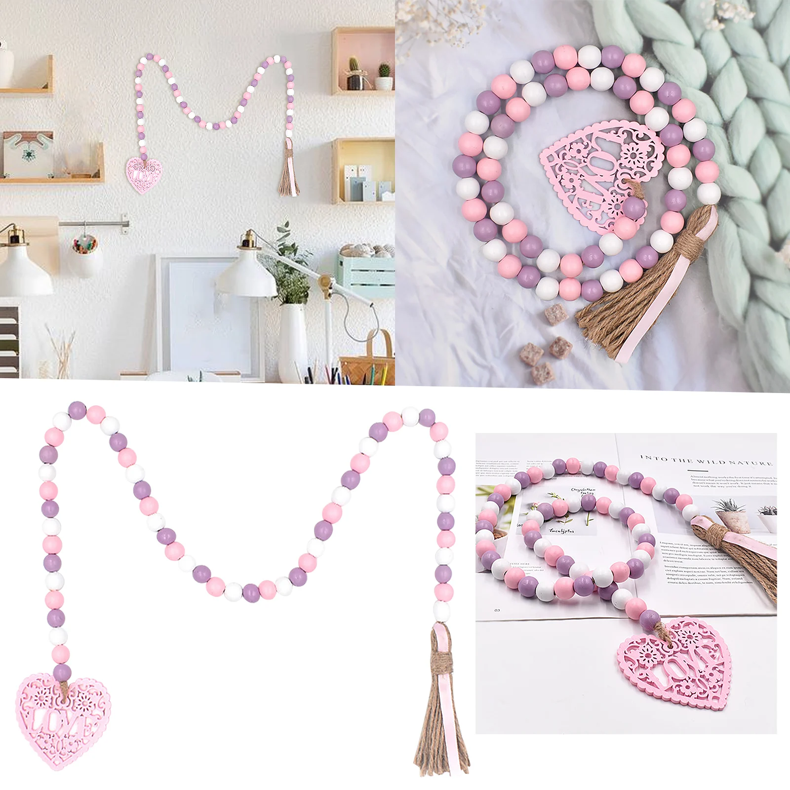 

Рождественская деревянная гирлянда с бусинами, подвесной венок на День святого Валентина, настенное Каскадное украшение для камина, камина