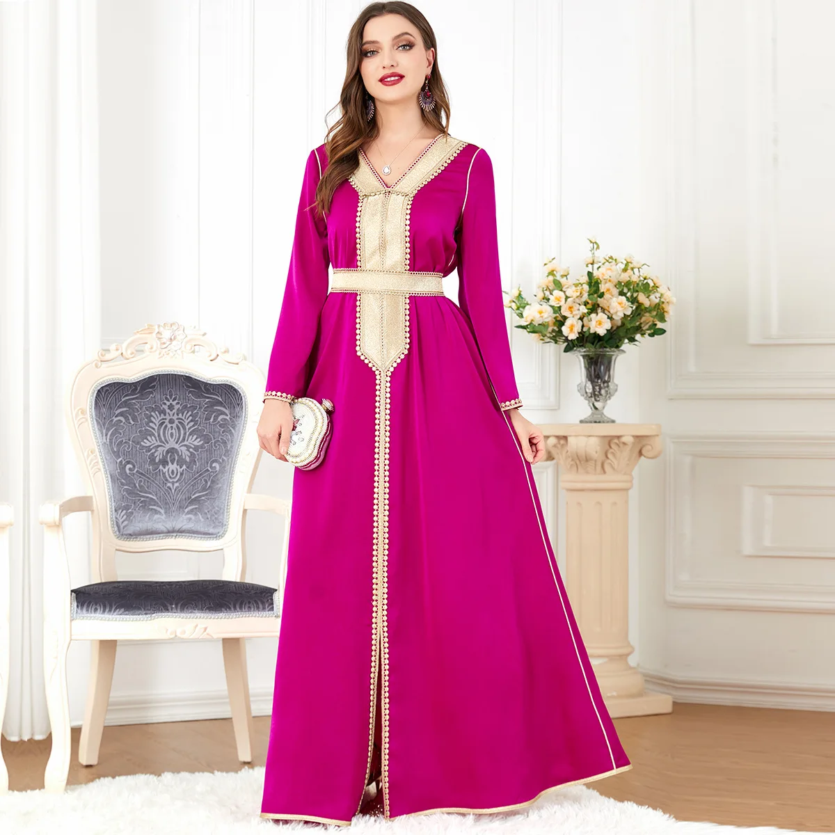 

Eid Abaya for Women Lace Trim Belted Islamic Ramadan Muslim Long Dress Evening Gowns Gulf Jalabiya Moroccan Kaftan Robe Femme