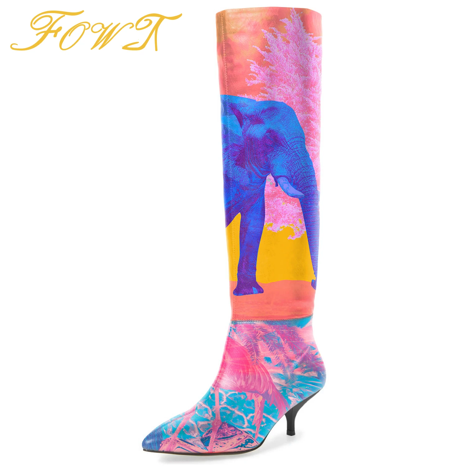 

Animal Flowers Pattern Winter Women Keen-High Boots Med Kitten Heels Pointed Toe Colorful Long Booties Novelty Ladies Warm Shoes