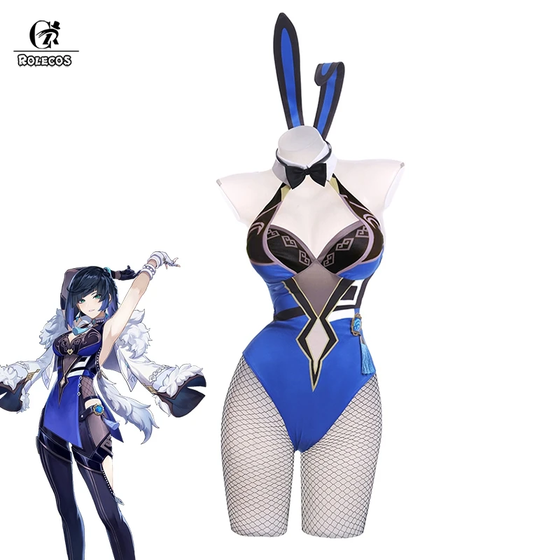 

ROLECOS Yelan косплей костюм кролика Genshin ударопрочный Хэллоуин женский синий сексуальный комбинезон расковый Кролик костюм для девушек