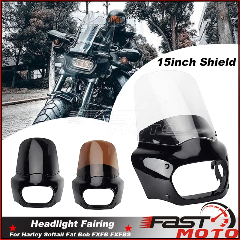 

Club Style Motorcycle Headlight Cowl Fairing Mask Windshield 15" Wind Shield Screen For Harley Softail Fat Bob FXFB FXFBS 2018+