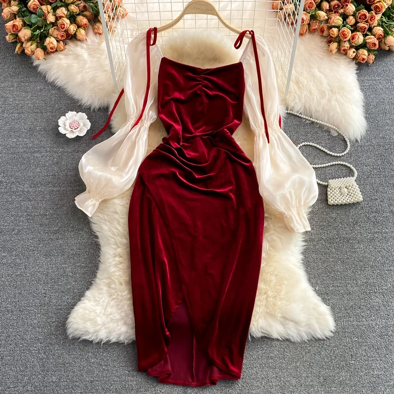 

2021 Autumn New French Sexy Stitched Velvet Square Neck Evening Party Dress Women Fashion Lady Celebrity Long Sleeve Dress