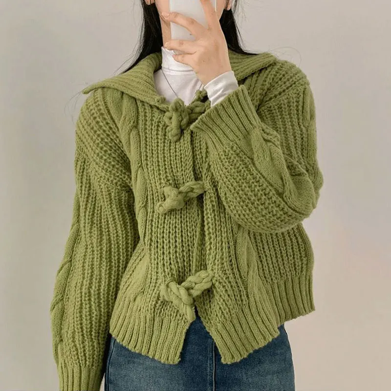 

Korean Fashion Winter Knitted Cardigan Woman Knitwear Turn Down Collar Long Sleeve Sweater Women Sweet Top Female Dropshipping