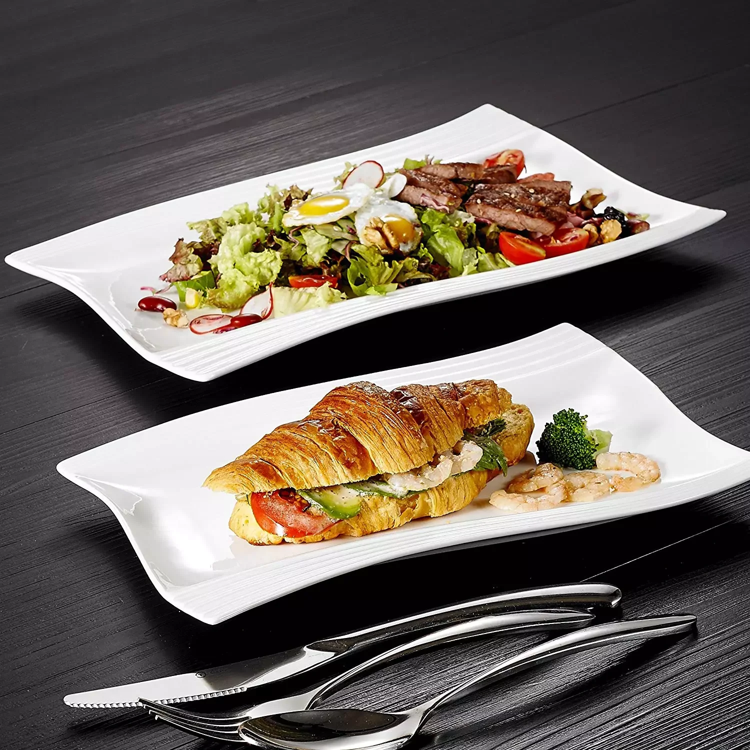 

Amparo 2-Piece Ivory White Porcelain Dinner Combi-Set with 11"&13.25" Rectangular Ceramic Dessert Plate Salad Dishes
