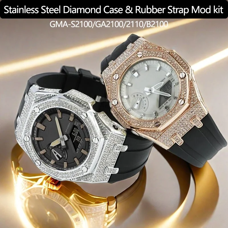 Фото Металлический корпус и резиновый ремешок GA2100, комплект для модификации Casioak GA2100/2110/B2100 GMA-S2100, модификационная деталь из нержавеющей стали с алмазным покрытием. №2