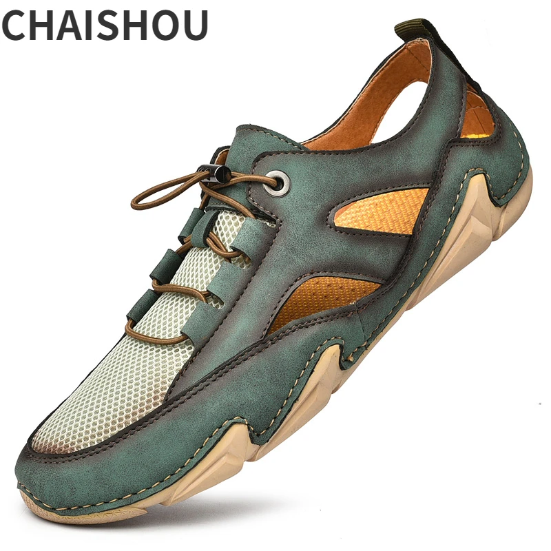 

QZ299 Men Summer Mesh Sandals Luxury Breathable Leather Casual Male Beach Shoes Fashion Outdoor Chanclas Driving Zapatillas