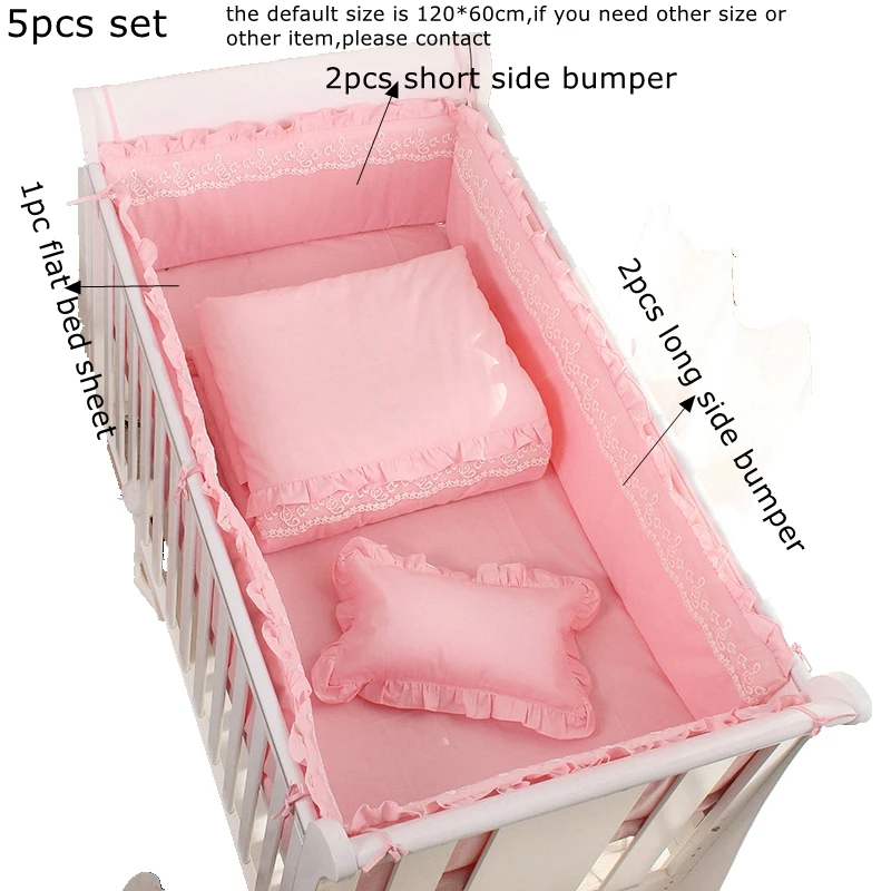 5Pcs Set White Princess Newborn Baby Crib Bumper Flat Bed Sheet Organic Cotton Lace Cot Side Protector Kids Matress Cover images - 6