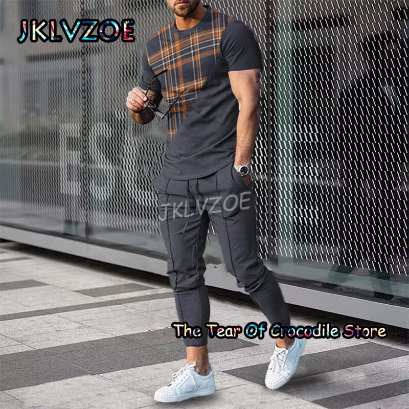 Colorful stripes Men's T Shirt Trousers Tracksuit 2 Piece Sets Summer Short Sleeve+Pants Funny Smiley 3D Printing Street Clothes