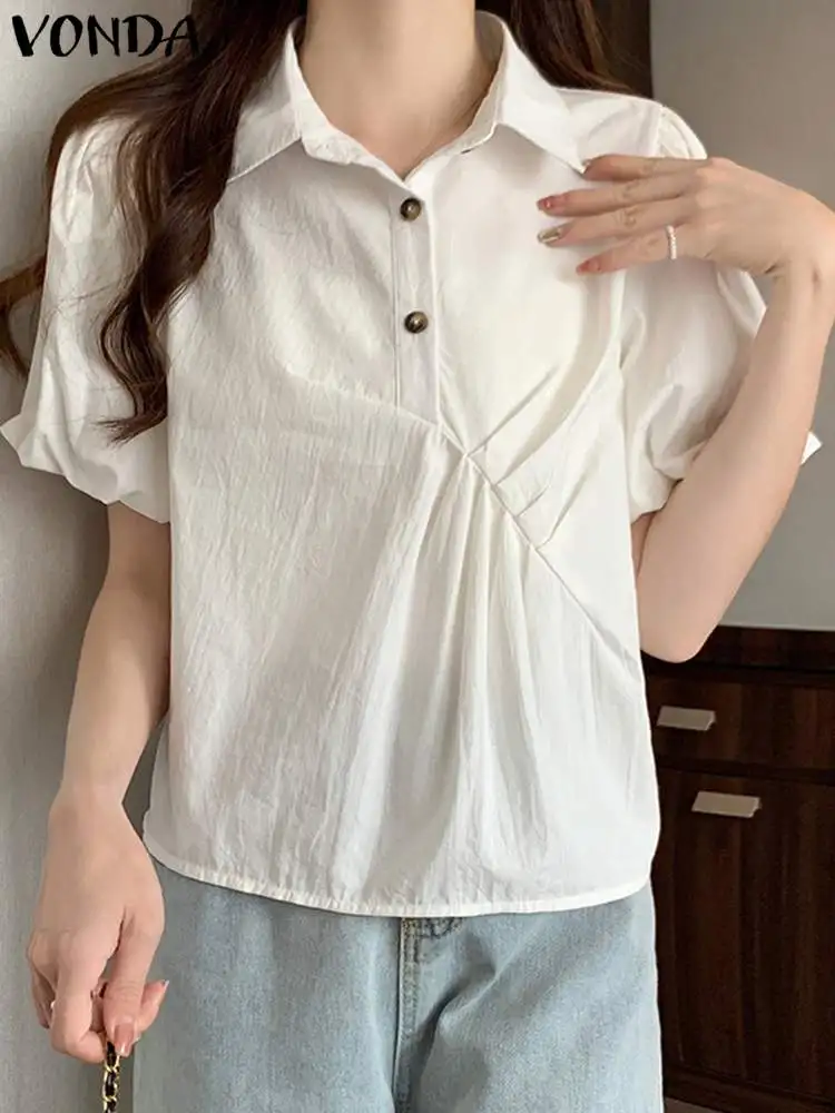 

Women Blouses 2023 Fashion Shirts VONDA Summer Casual Short Sleeve Lapel Solid Color Tops Elegant Buttons Pleated Blusas Femme