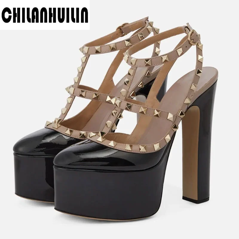 

spring summer brand new sexy patent leather super-high heel sandals rivets platform muller women's party shoes pumps big size