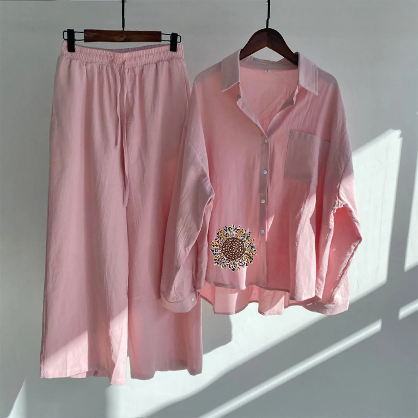 

Large Women Casual Tracksuits Set 2023 Harajuka Solid Blouse and Wide Leg Pants Suits Female Fashion Printing Two Piece Sets