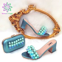 fashion 2022 special colorful crystal style italian design nigerian elegant ladies shoes and bag set in green color for party