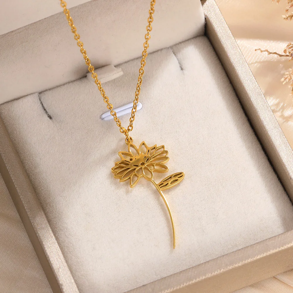 

Stainless Steel 12 Months Flower Pendant Necklace For Women Gold Color Rose Daisy Birthstone Mujer Choker Jewelry Birthday Gifts