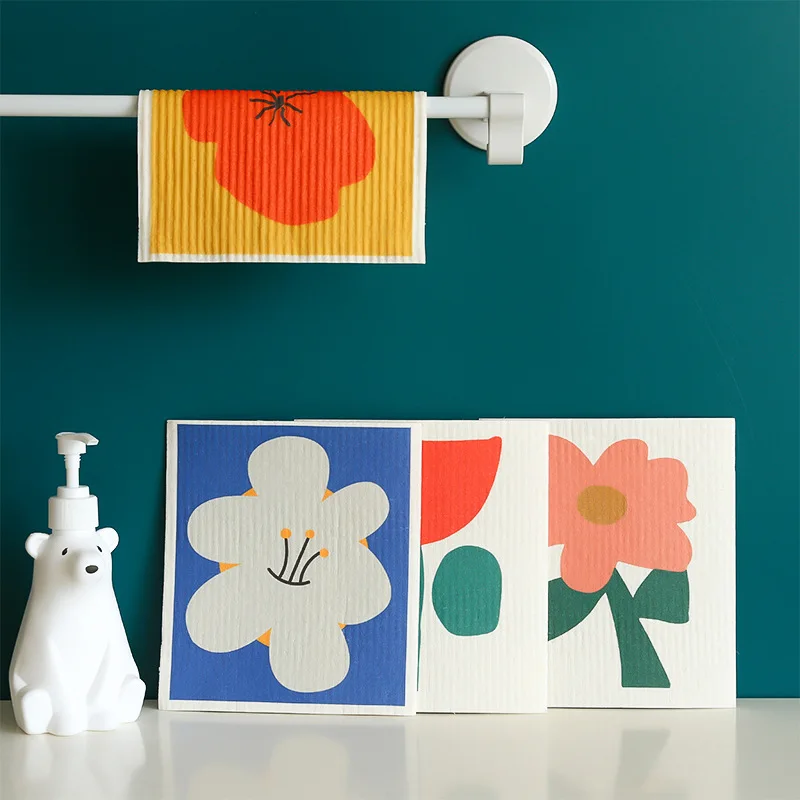 

Kitchen Dishcloth Absorbent Dishwashing Cloths Wood Pulp Scrubber Cleaning Cloth Dishes Towel Dry Rag Household Print Tea Towel