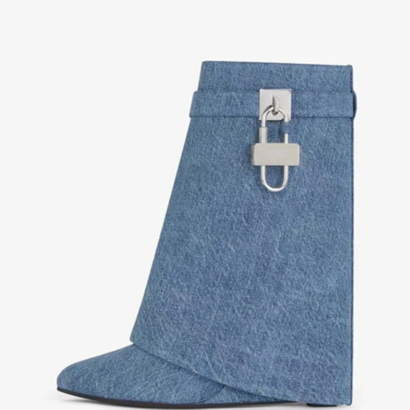 2023 Spring and Autumn Oversized Jeans Pipe Boots Metal Lock Blue Boots with Diamond Round Toe High Heel Boots Mid Sleeve Boots