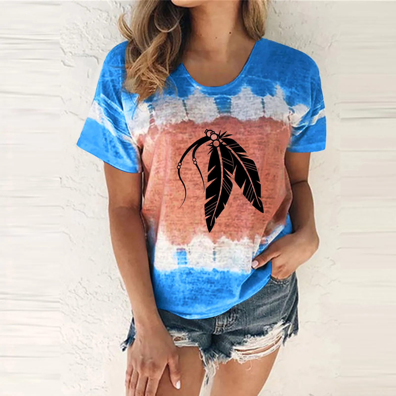 

Womens Casual Fashion Feather Printing Round Neck Short Sleeve T Shirt Blouse Tops Thin White T Shirts Yellow Cotton Shirt Women