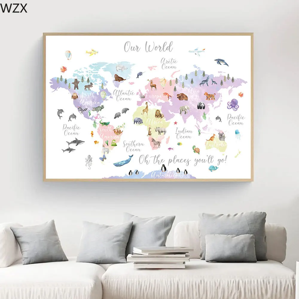 

Educational Animal World Map Picture Children Poster Nursery Painting Wall Art Canvas Print Baby Kid Bedroom Playroom Home Decor