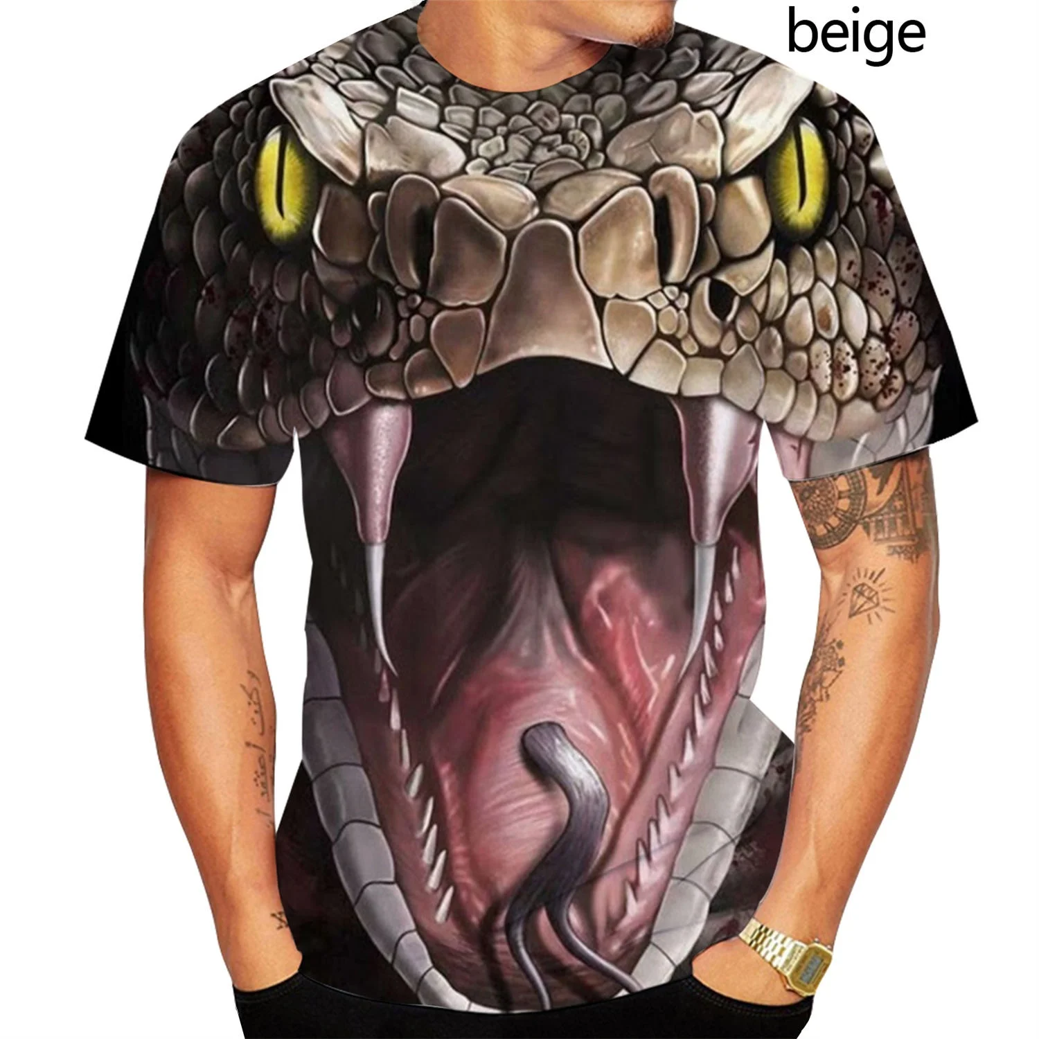 Camiseta con estampado 3D de serpiente para hombre, camisa con estampado de Horror, novedad de moda, de manga corta, divertida, de piel de serpiente, Cobra