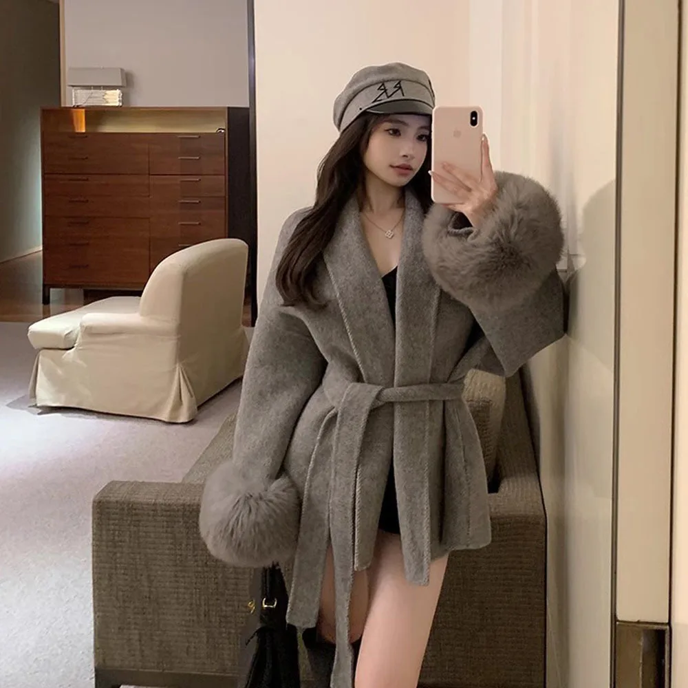 Корейская Двусторонняя кашемировая куртка Женское зимнее пончо из лисьего меха