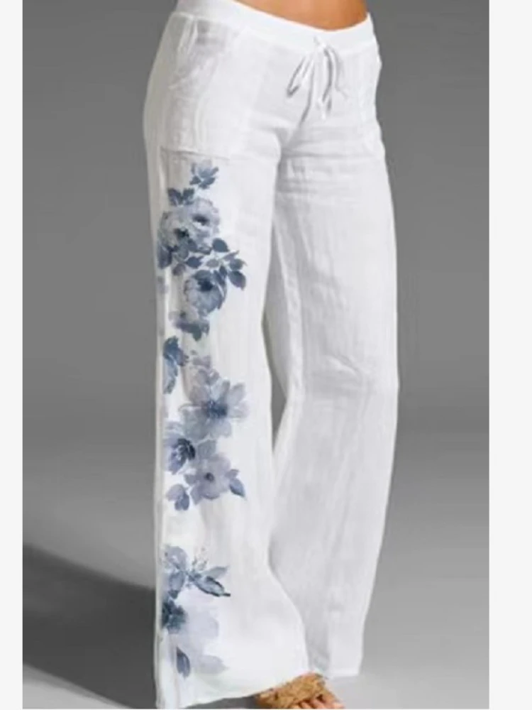 

Vintage Cotton Linen Pants Women Casual White Floral Print Trousers Beach High Waist Oversized Leisure Wide Leg Pants Pantalones