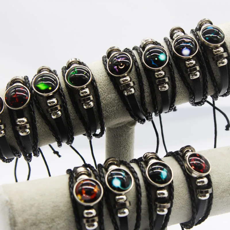 12pcs/Set 12 Constellations Wholesale Item Bulk Mix Lots Luminous Handmade Leather Bracelets Charm Snaps Bangles Fashion Jewelry - купить по
