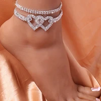 hip hop silver color rhinestone double heart anklet for women bling hollow out love foot ankle leg bracelet chain jewelry