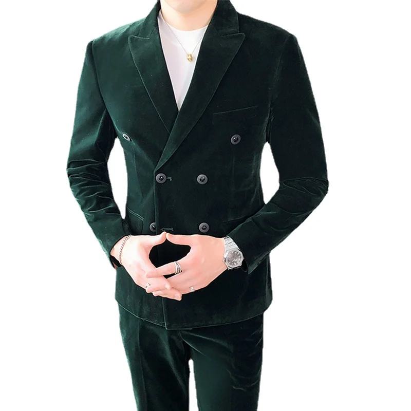 

( Jacket + Pants ) High-end Boutique Velvet Brand Fashion Men's Formal Business Suit 2-piece Set Solid Color Groom Wedding Dress