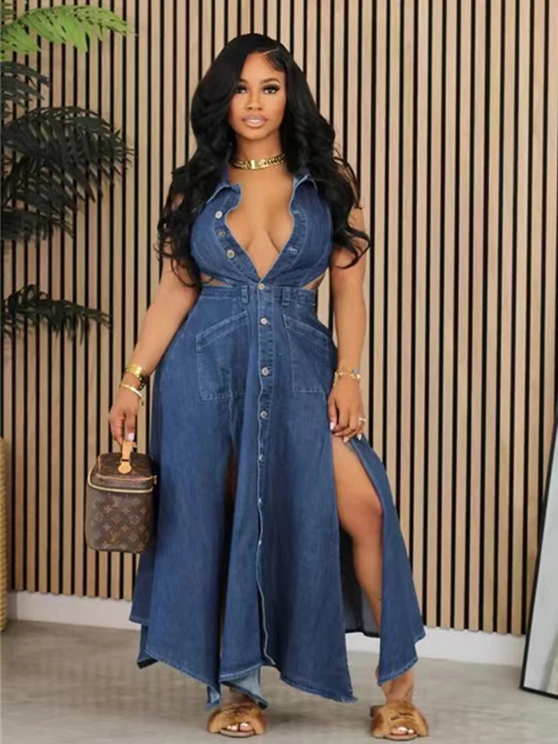 

Женское джинсовое платье без рукавов, длинное платье макси с отложным воротником и высоким разрезом, модная летняя одежда
