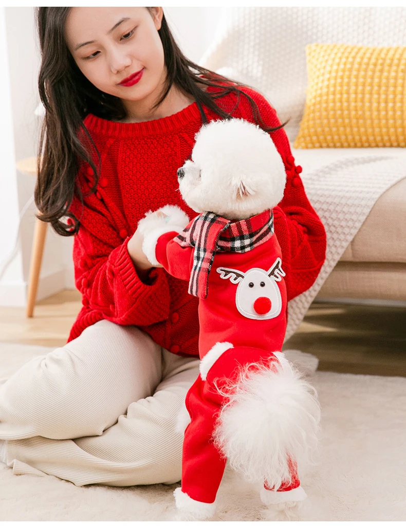 

Christmas elk four leg cotton padded clothes New Year small dog cat pet clothes scarf set