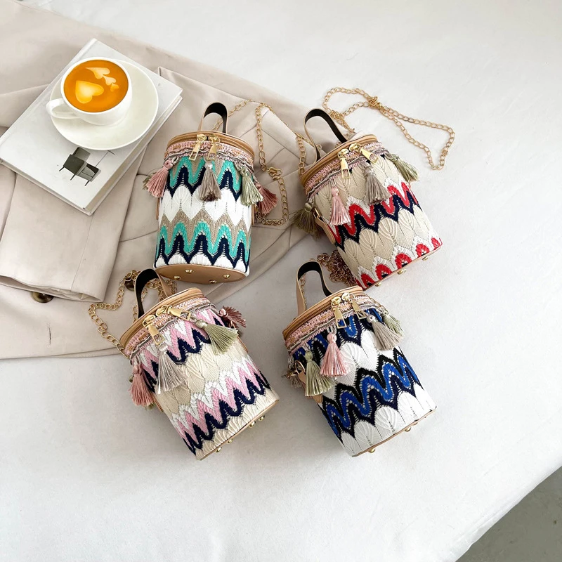 Женская Сумка Через Плечо В Стиле Ретро Круглая Сумка-ведро С Ремешком-цепочкой