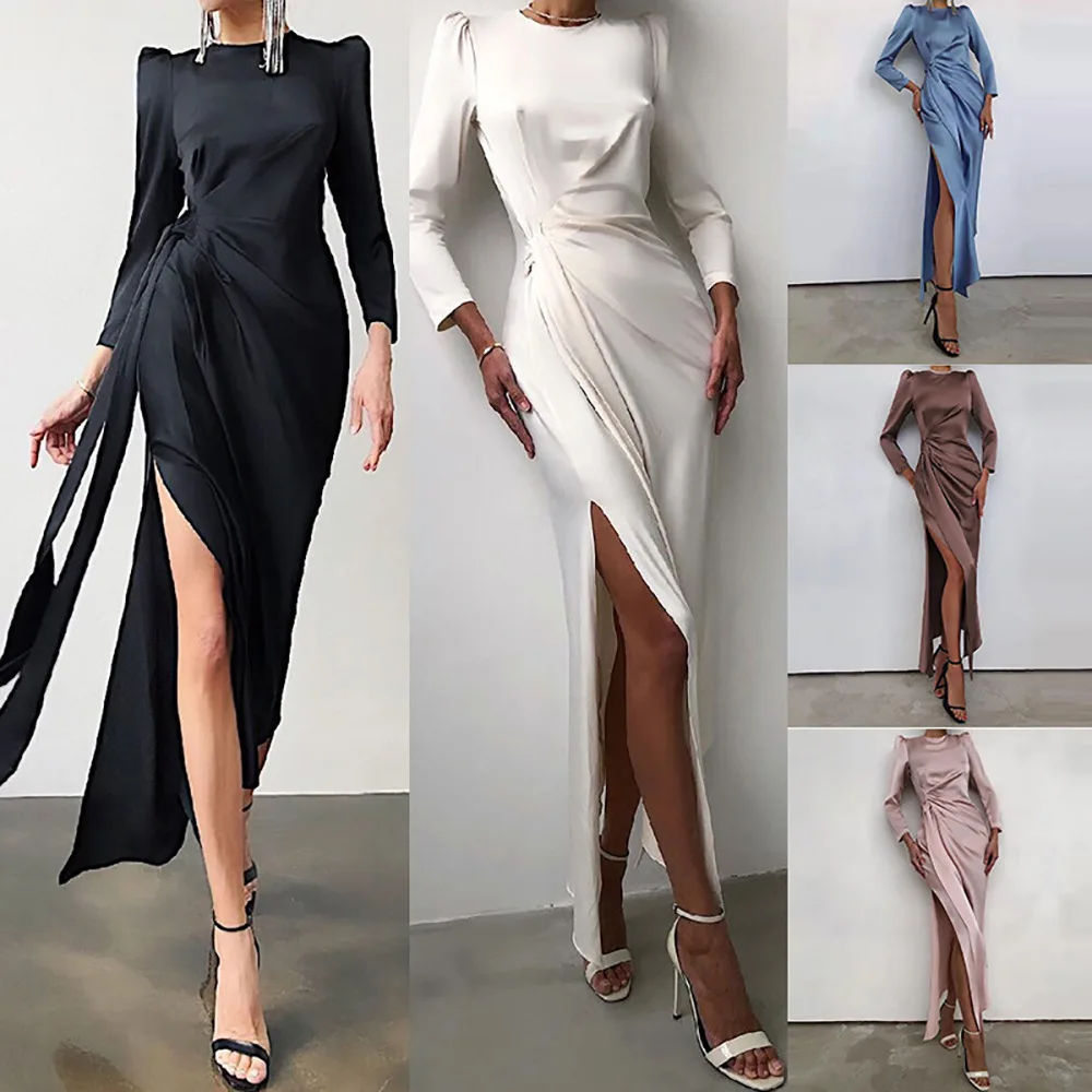 

Платье-макси атласное с запахом, длинным рукавом и разрезом