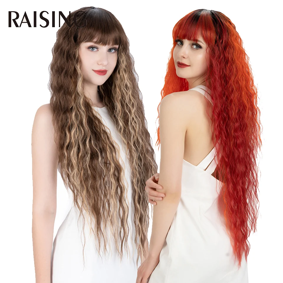 

30-36 Inches Synthetic Water Wave Hair Wig With Bangs Long Curly Hair Wigs For White Women Ombre Red Hair Wig Glueless Black
