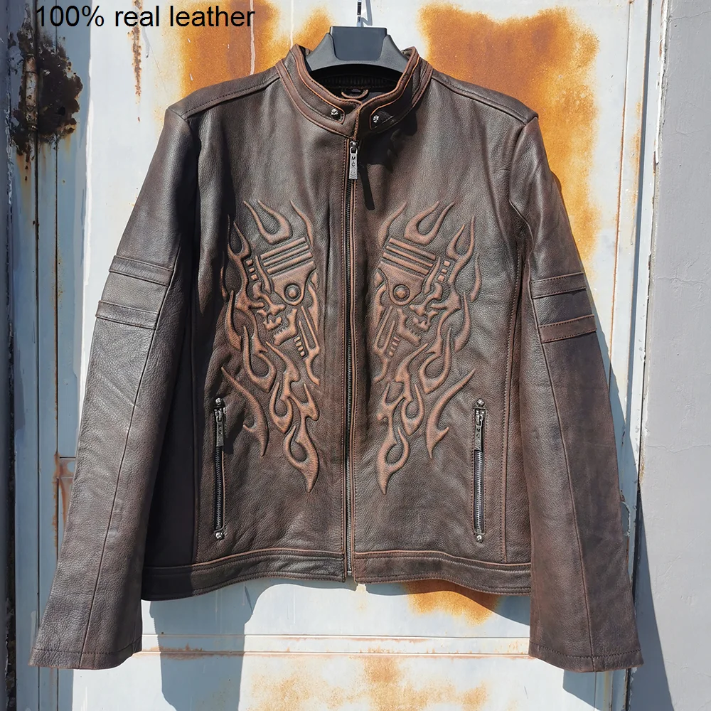 

Мужская винтажная мотоциклетная куртка, куртка из 100% натуральной воловьей кожи с 3D-принтом черепа, Байкерская одежда азиатского размера M299
